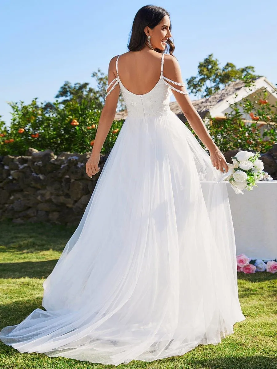 Robe de mariée brodée à col en V et bretelles perlées avec ligne A