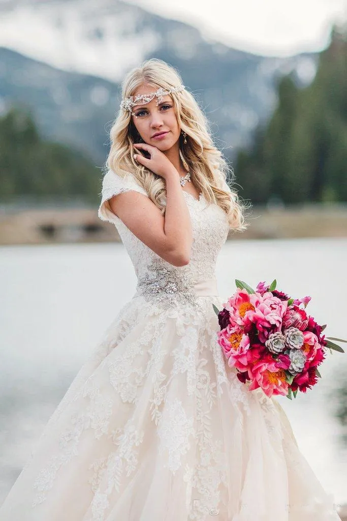 Romantic Queen Anne Ballgown Cap Sleeve Wedding Dress With Lace Appliques-715831