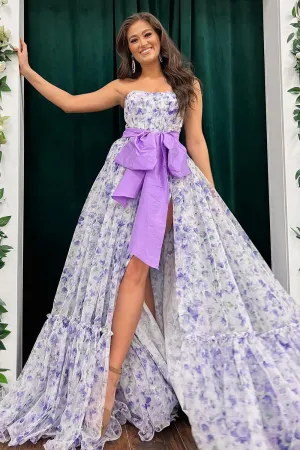 Roycebridal Chic Floral Printed Chiffon Strapless Long Prom Dresses with Slit