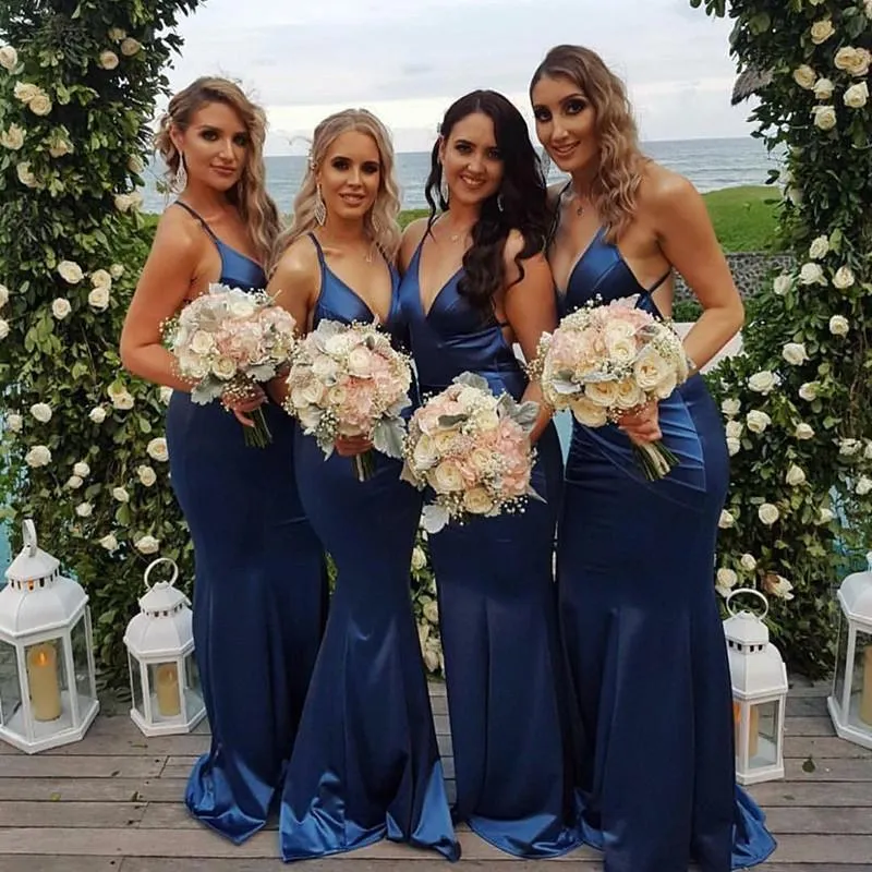 Roycebridal Long Mermaid V Neck Custom Blue Bridesmaid Dresses