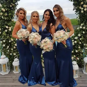 Roycebridal Long Mermaid V Neck Custom Blue Bridesmaid Dresses