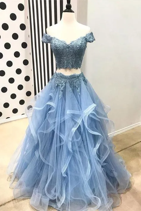 Ruffles Two Pieces Blue Lace Prom Dress Off Shoulder