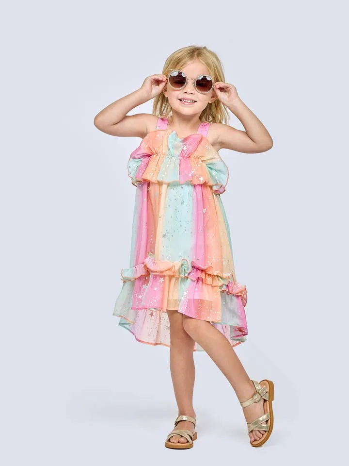 Salmon Pink/Mint/Orange Ruffle Empire Dress w/Stars