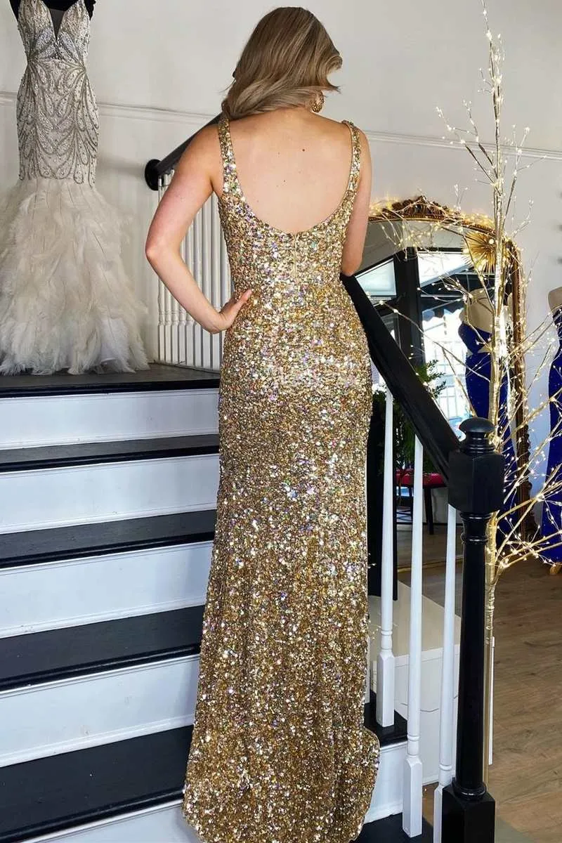 Sequin Gold Square Neck Prom Dresses Mermaid Long Formal Dress Backless with Slit