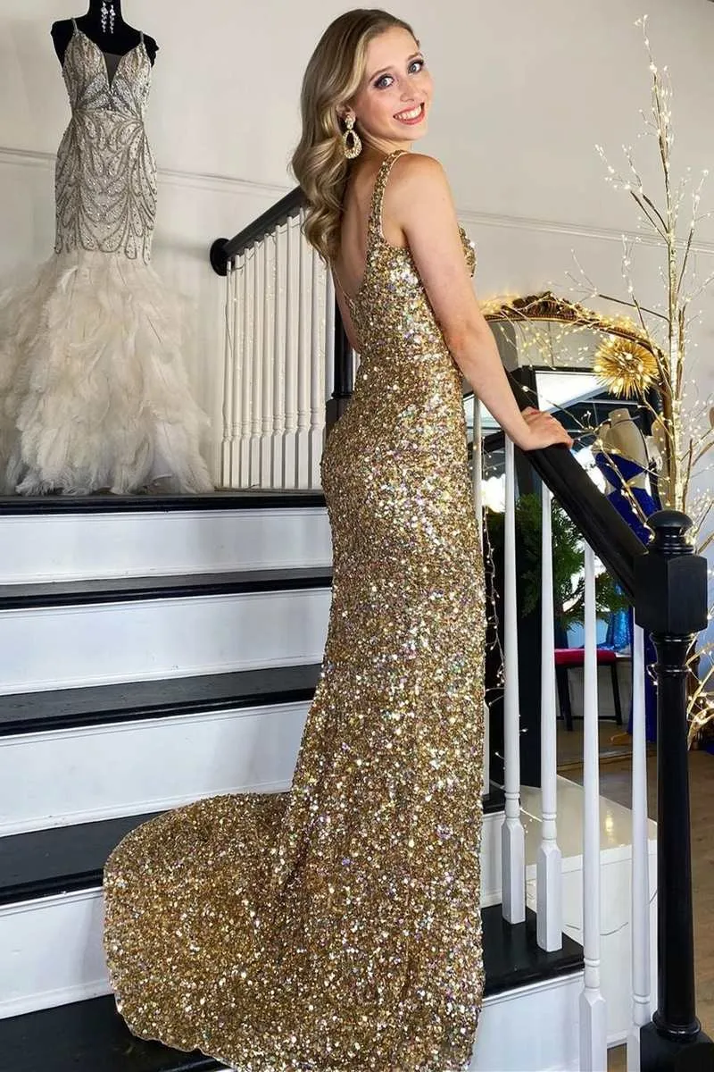 Sequin Gold Square Neck Prom Dresses Mermaid Long Formal Dress Backless with Slit