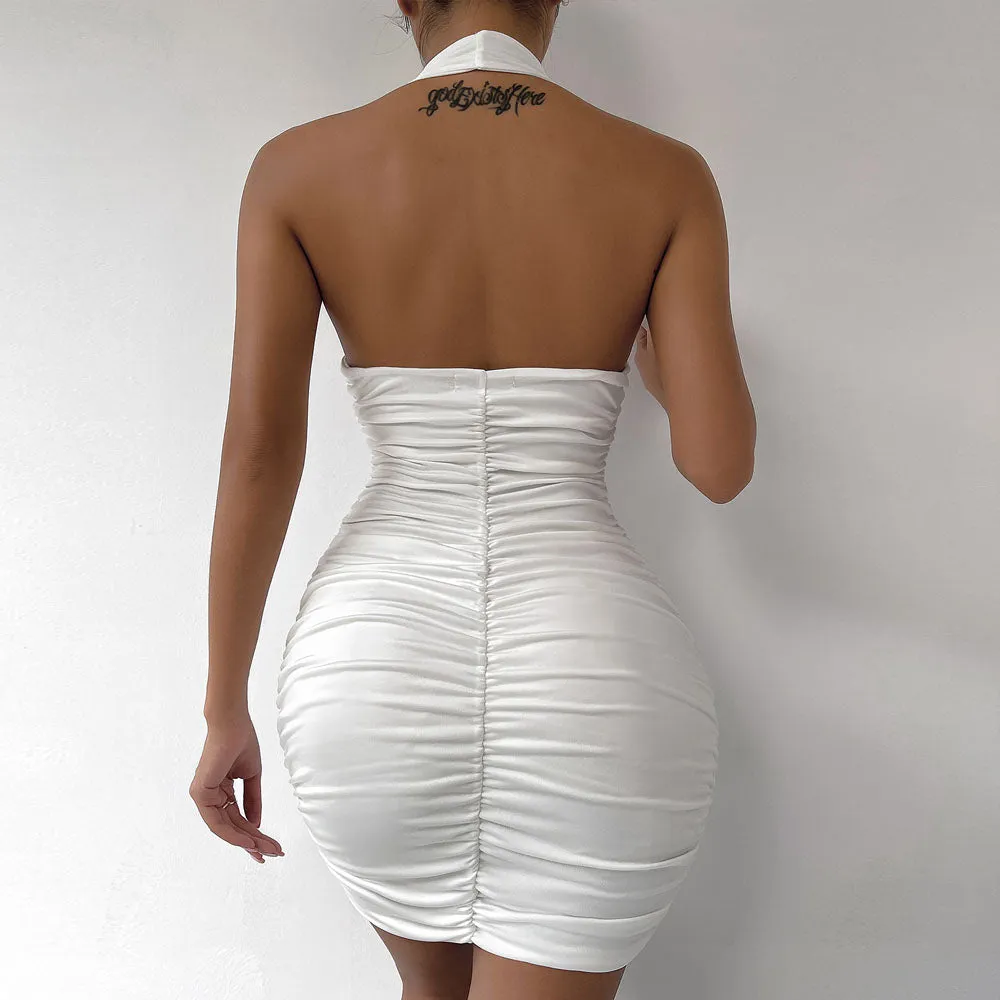 Sexy Ruffle V Deep White Halter Mini Dresses