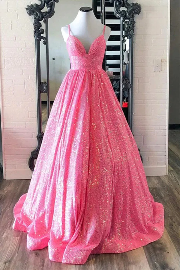 Shiny Hot Pink A-line V-neck Backless Long Prom Dresses, Evening Gown, SLP008