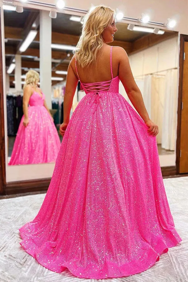 Shiny Hot Pink A-line V-neck Backless Long Prom Dresses, Evening Gown, SLP008