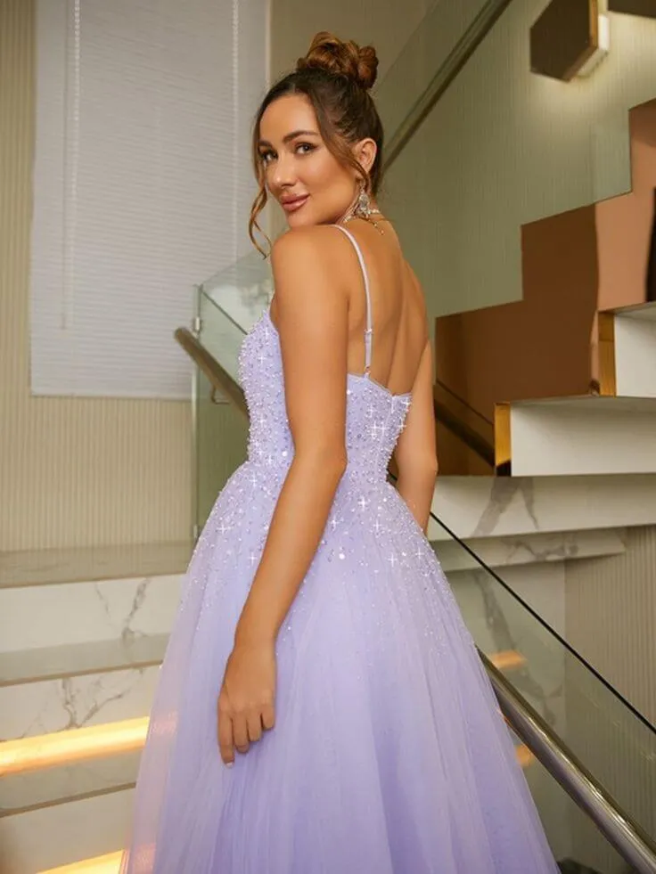 Shiny Lilac Long Prom Dresses Beaded Tulle Purple Formal Dresses Sleeveless