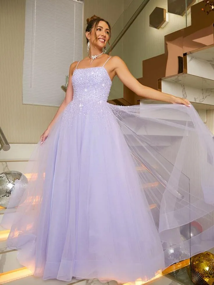 Shiny Lilac Long Prom Dresses Beaded Tulle Purple Formal Dresses Sleeveless