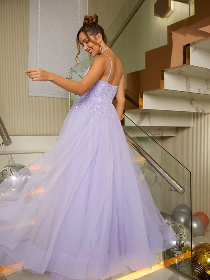 Shiny Lilac Long Prom Dresses Beaded Tulle Purple Formal Dresses Sleeveless