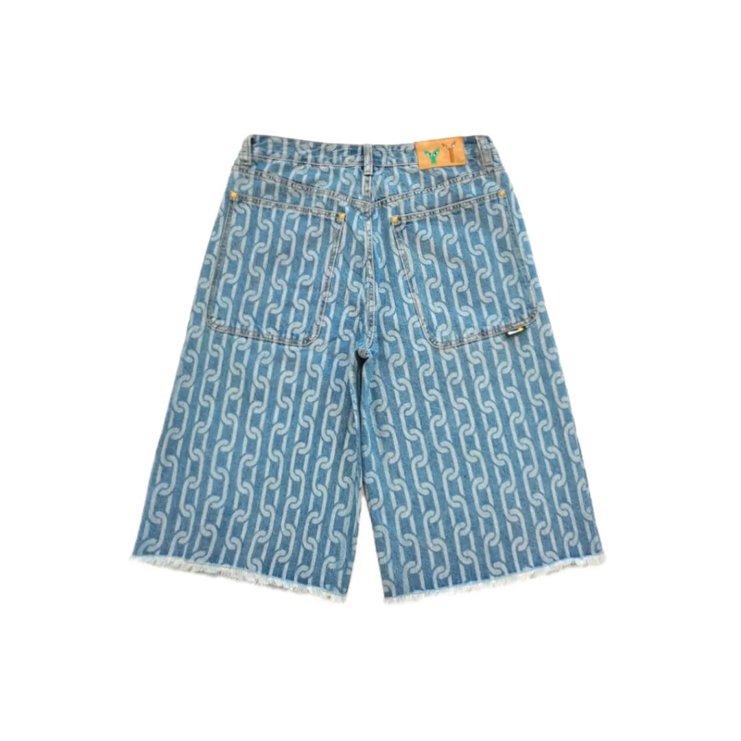 Signature Chain Double Knee Jean Shorts Blue