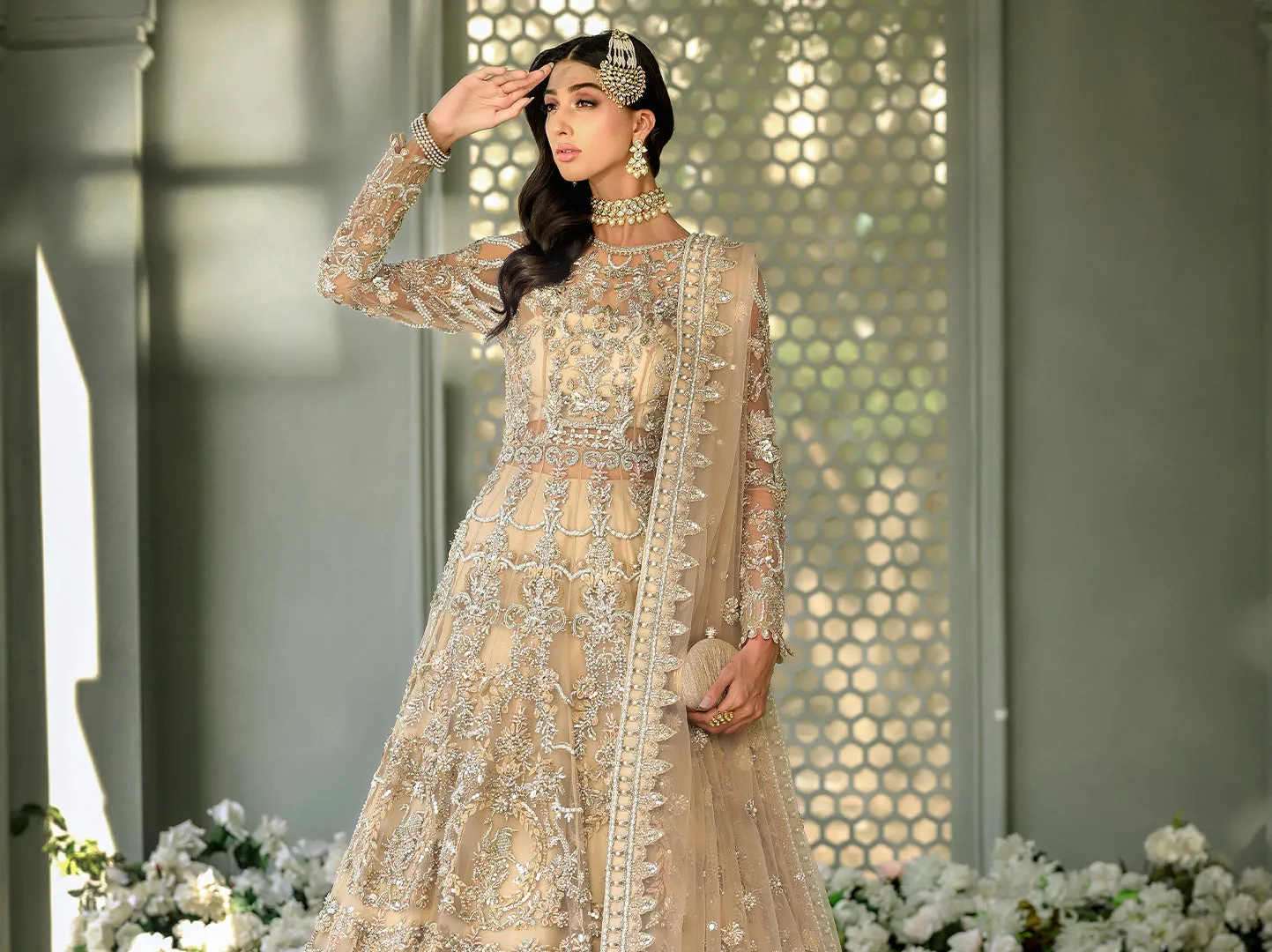 Skin Peach Lehenga Gown for Pakistani Bridal Dresses