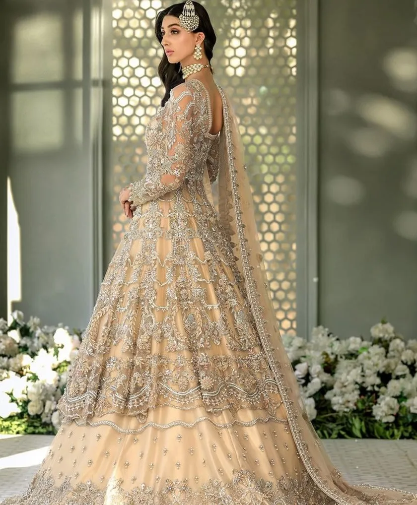 Skin Peach Lehenga Gown for Pakistani Bridal Dresses