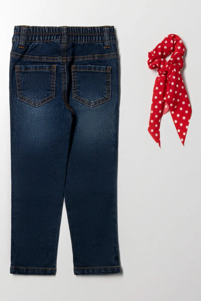 Skinny Denim Jeans With Hair Tie Blue And Red