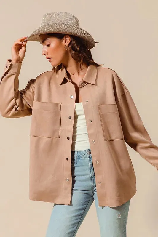SO ME Faux Sued Snap Shacket with Collar and Pockets