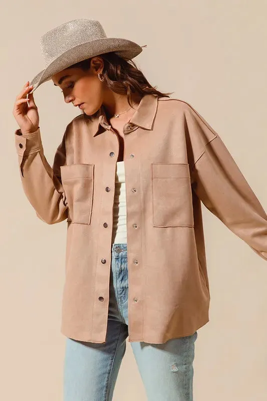 SO ME Faux Sued Snap Shacket with Collar and Pockets