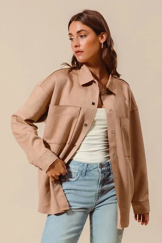SO ME Faux Sued Snap Shacket with Collar and Pockets