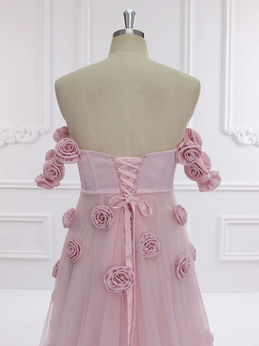 Soft Pink Prom Gown with Handmade 3D Flowers Chic Photoshoot Wedding Dresses YW231136