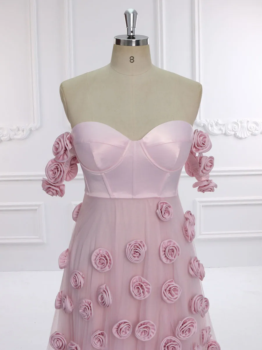 Soft Pink Prom Gown with Handmade 3D Flowers Chic Photoshoot Wedding Dresses YW231136