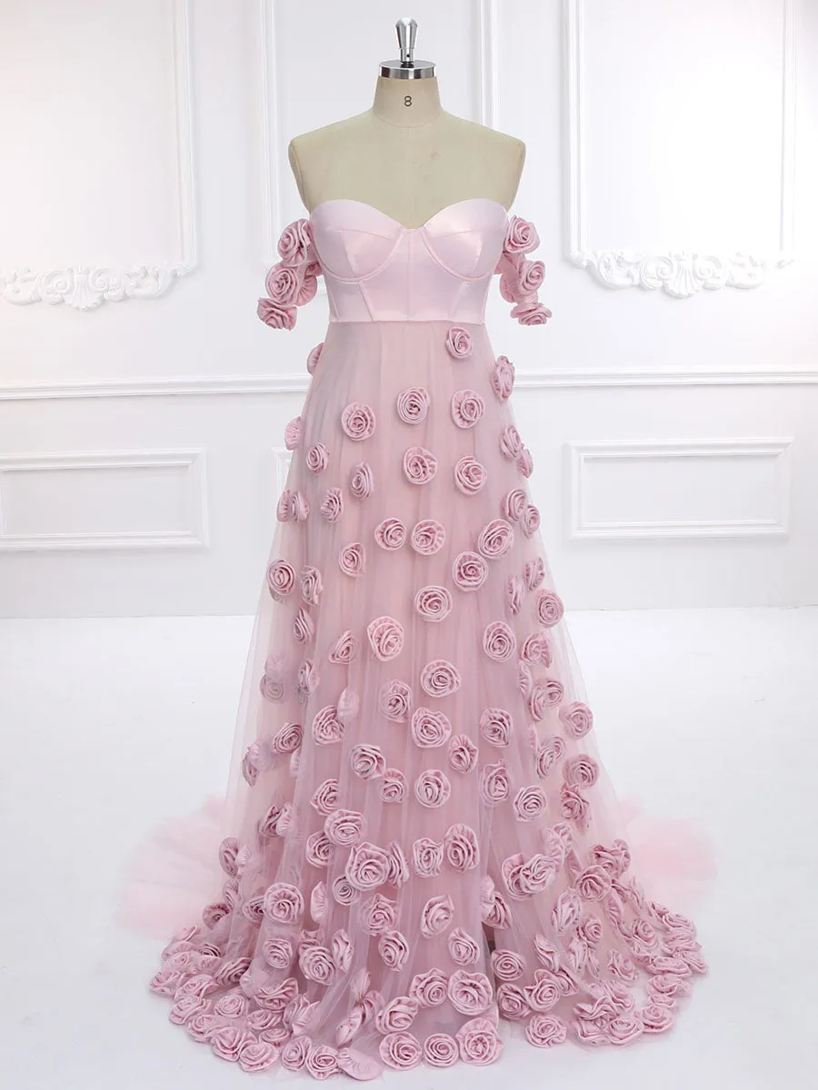 Soft Pink Prom Gown with Handmade 3D Flowers Chic Photoshoot Wedding Dresses YW231136