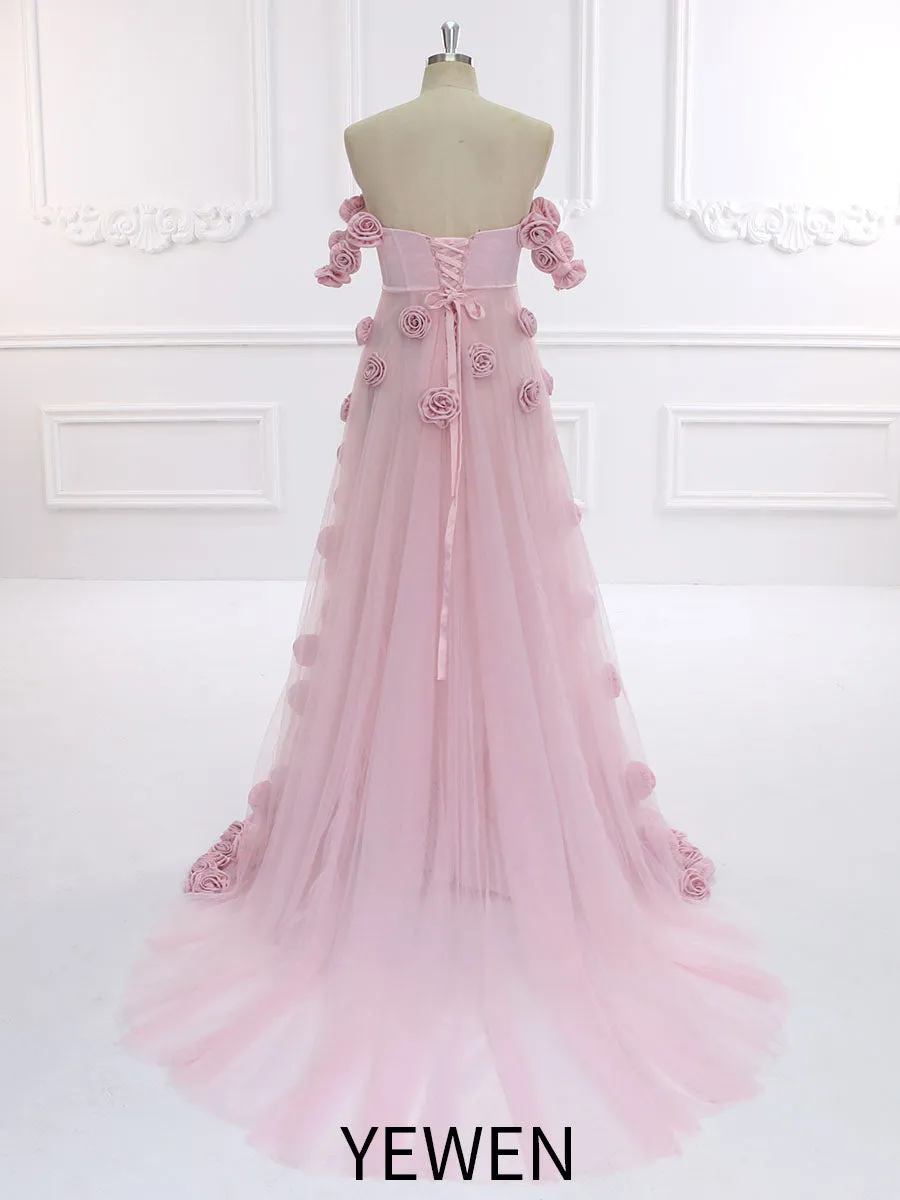 Soft Pink Prom Gown with Handmade 3D Flowers Chic Photoshoot Wedding Dresses YW231136