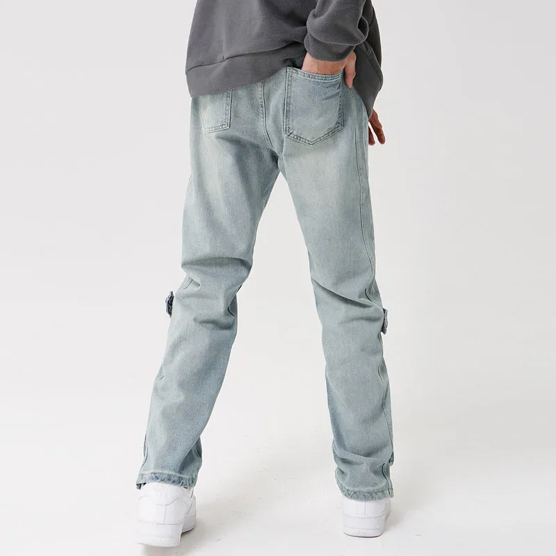 Solid Color Zip Regular Washed Jeans