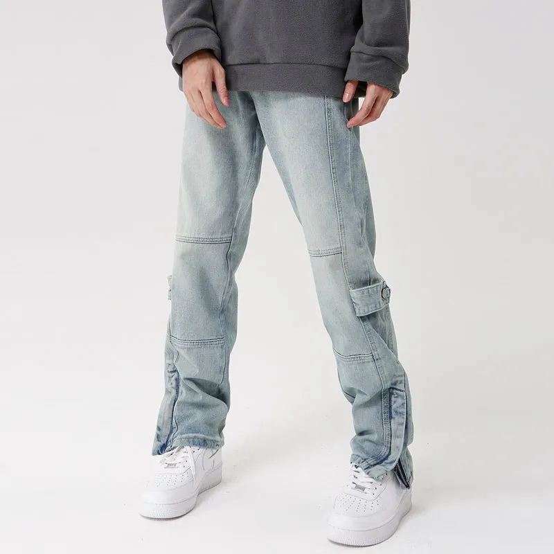 Solid Color Zip Regular Washed Jeans