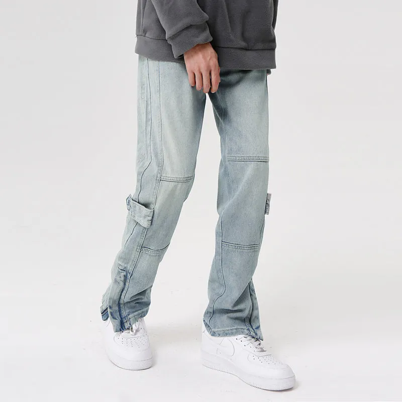 Solid Color Zip Regular Washed Jeans