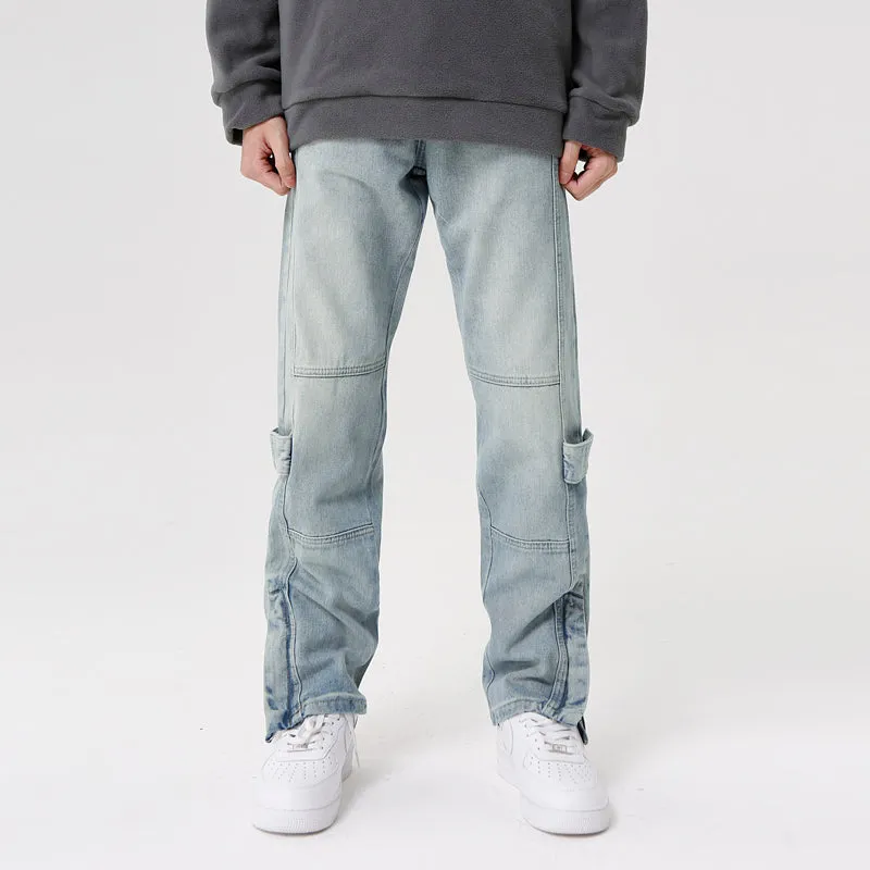 Solid Color Zip Regular Washed Jeans