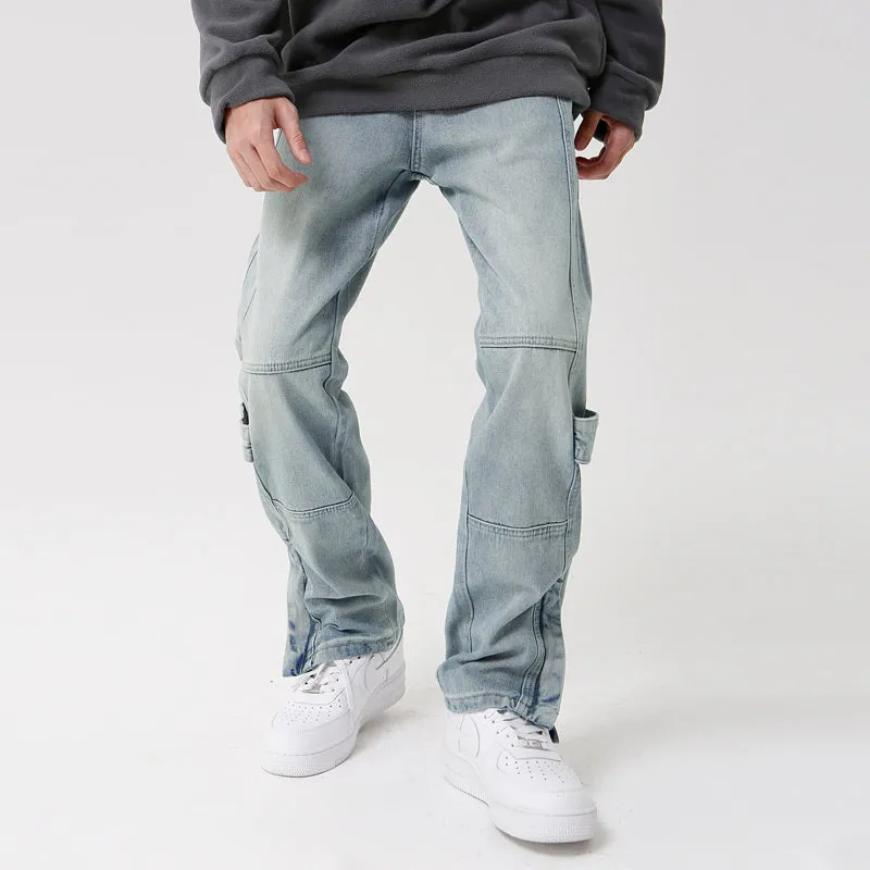Solid Color Zip Regular Washed Jeans