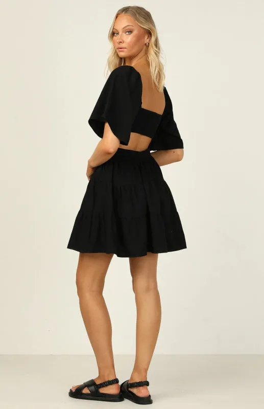 Square Neckline Short Dress with Elastic Waist and Tiered Skirt