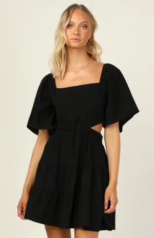 Square Neckline Short Dress with Elastic Waist and Tiered Skirt