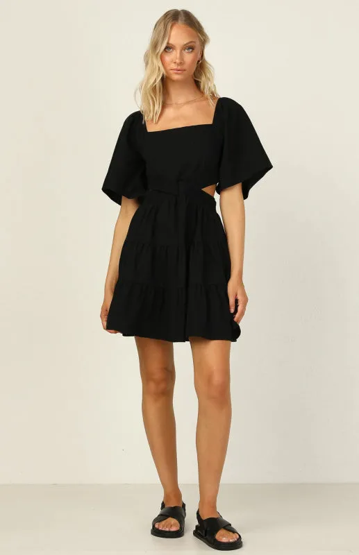Square Neckline Short Dress with Elastic Waist and Tiered Skirt