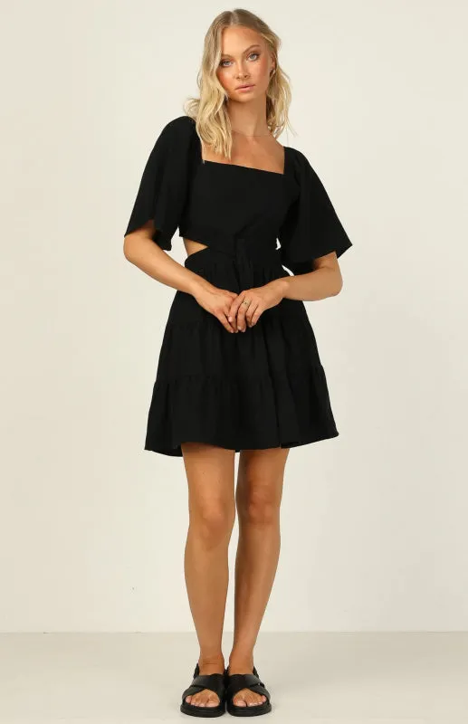 Square Neckline Short Dress with Elastic Waist and Tiered Skirt