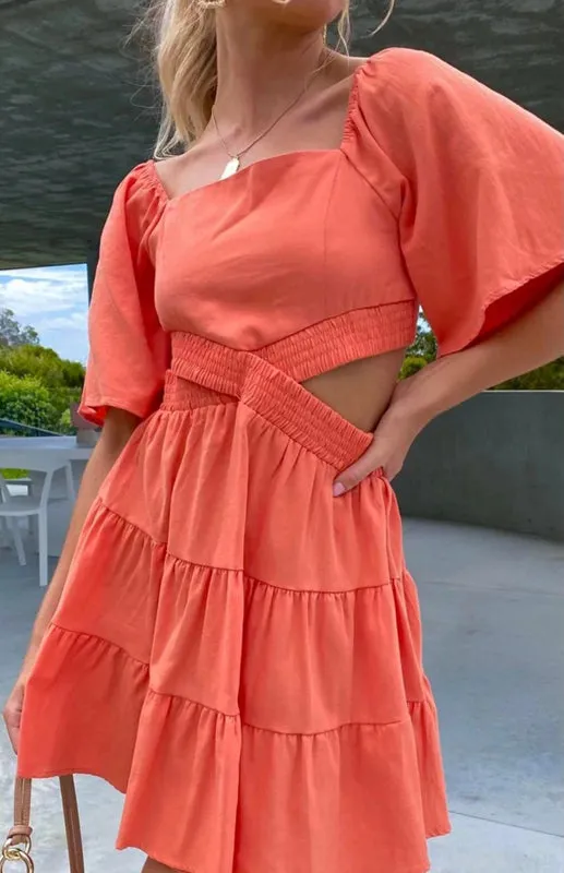 Square Neckline Short Dress with Elastic Waist and Tiered Skirt
