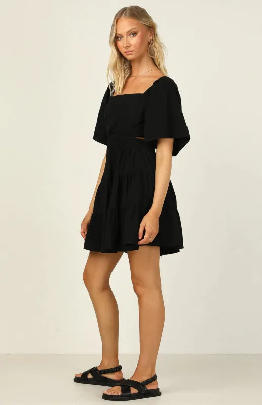 Square Neckline Short Dress with Elastic Waist and Tiered Skirt