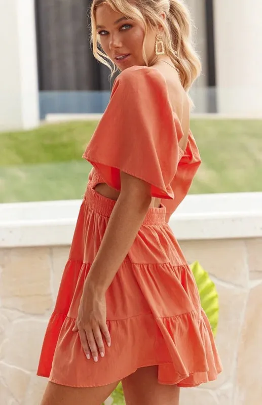 Square Neckline Short Dress with Elastic Waist and Tiered Skirt