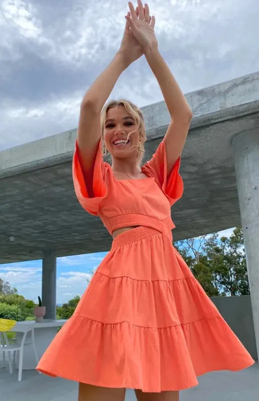 Square Neckline Short Dress with Elastic Waist and Tiered Skirt