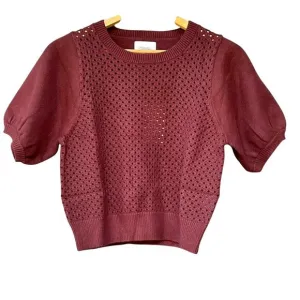 Stitches   Stripes Burgundy Cottagecore Crochet Puff Sleeve Cropped Sweater XL