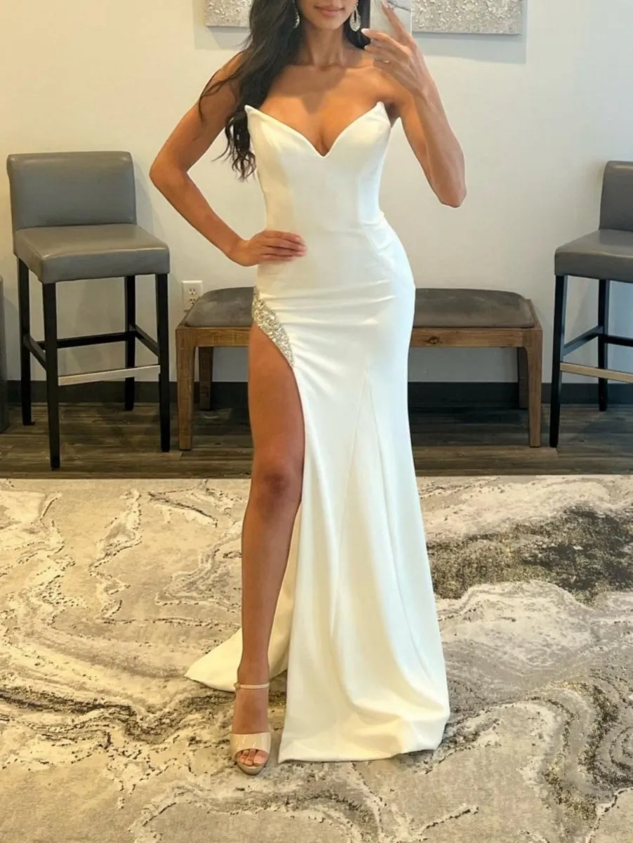 Strapless V Neck Long Prom Dresses with Slit