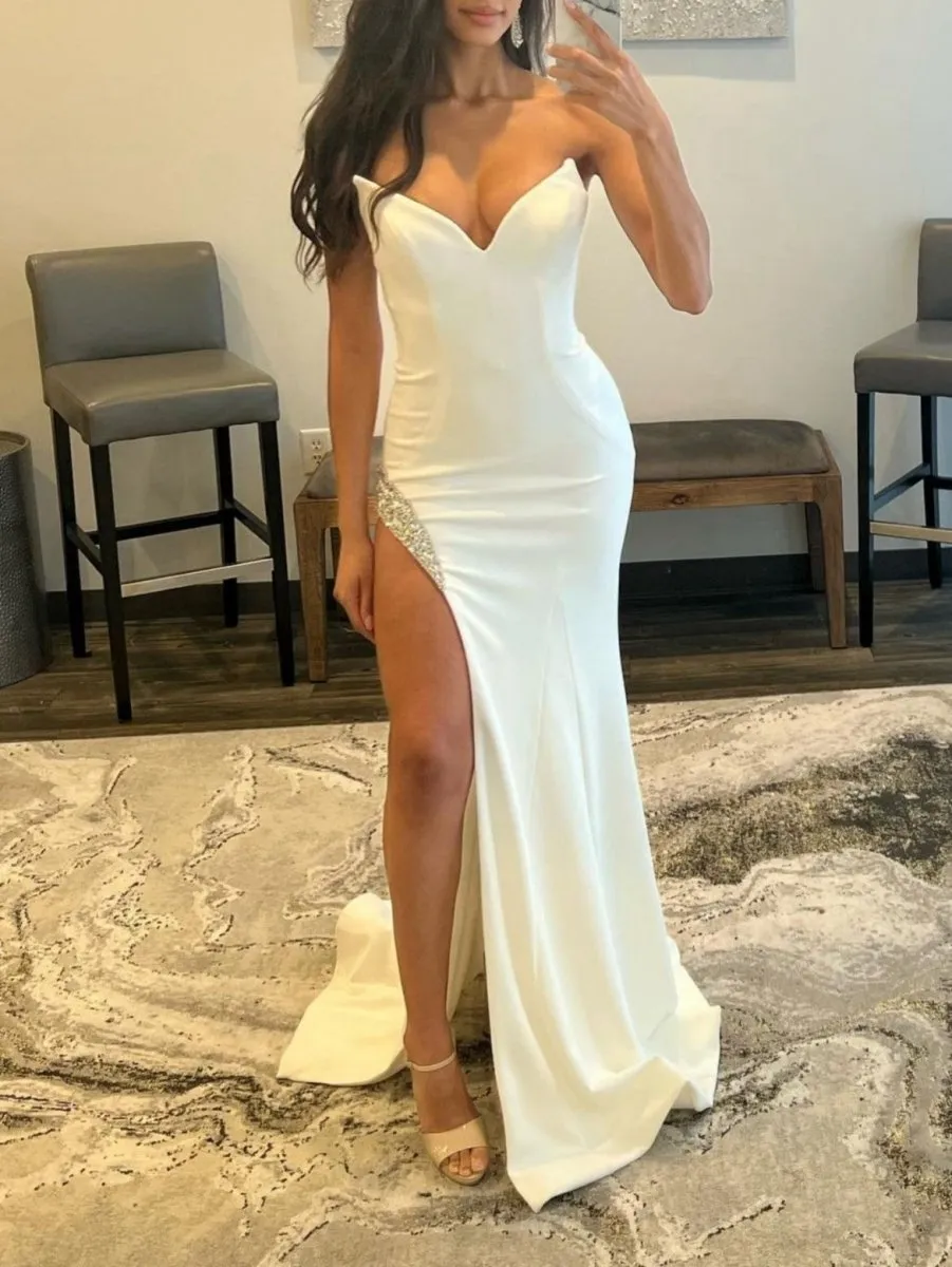 Strapless V Neck Long Prom Dresses with Slit
