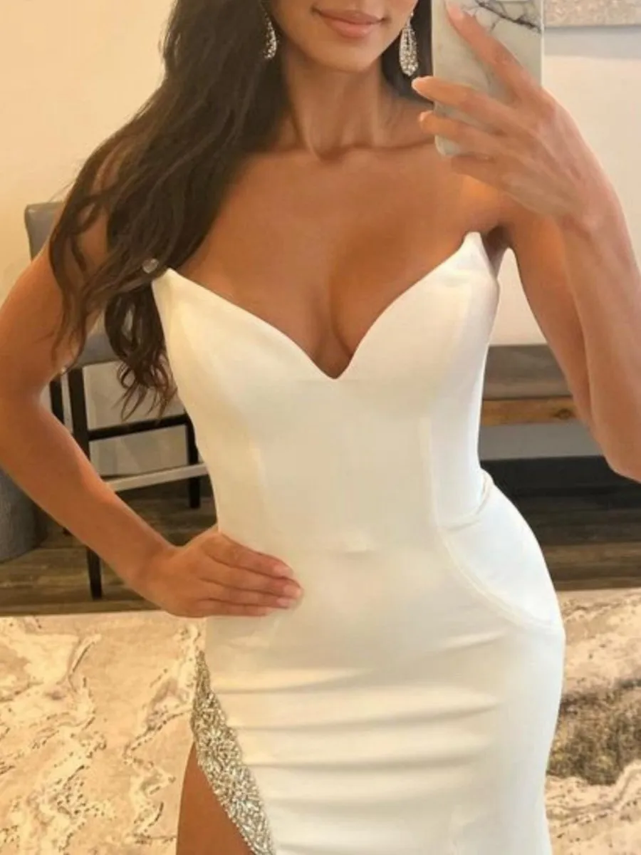 Strapless V Neck Long Prom Dresses with Slit