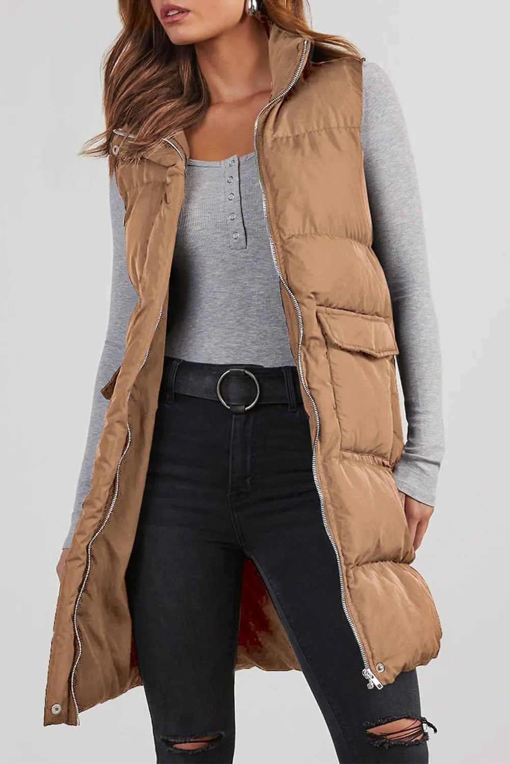 Stylish Warmth: Solid Color Pocketed Vest Coat