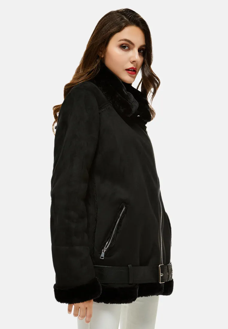 suede belted fur lined jacket