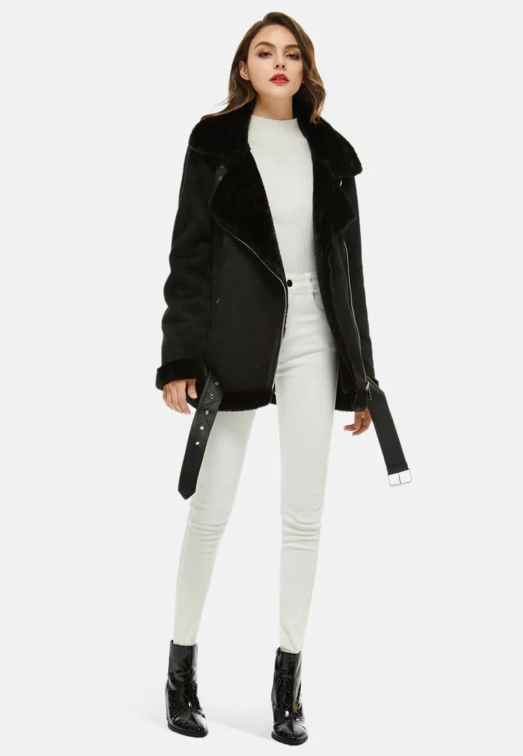 suede belted fur lined jacket
