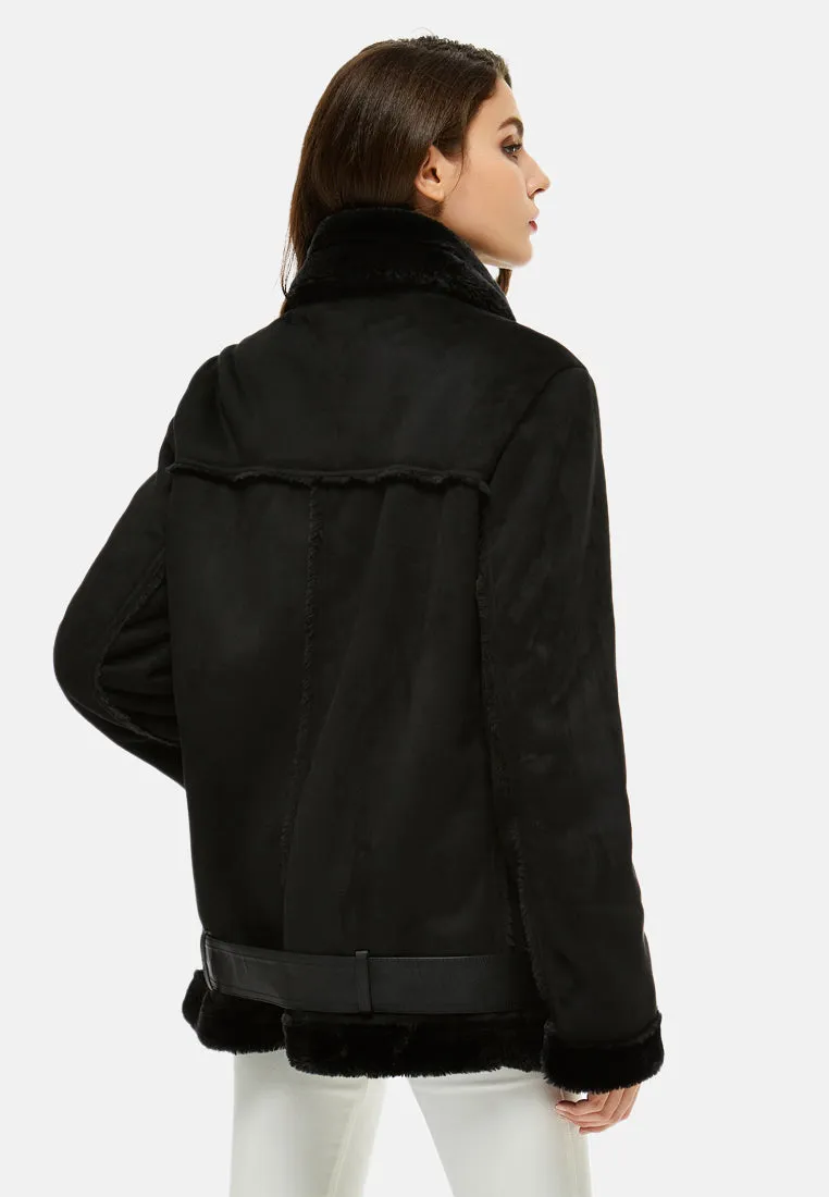 suede belted fur lined jacket