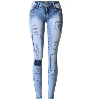Summer Style Low Waist Sky Blue Patchwork Skinny Tights Jeans