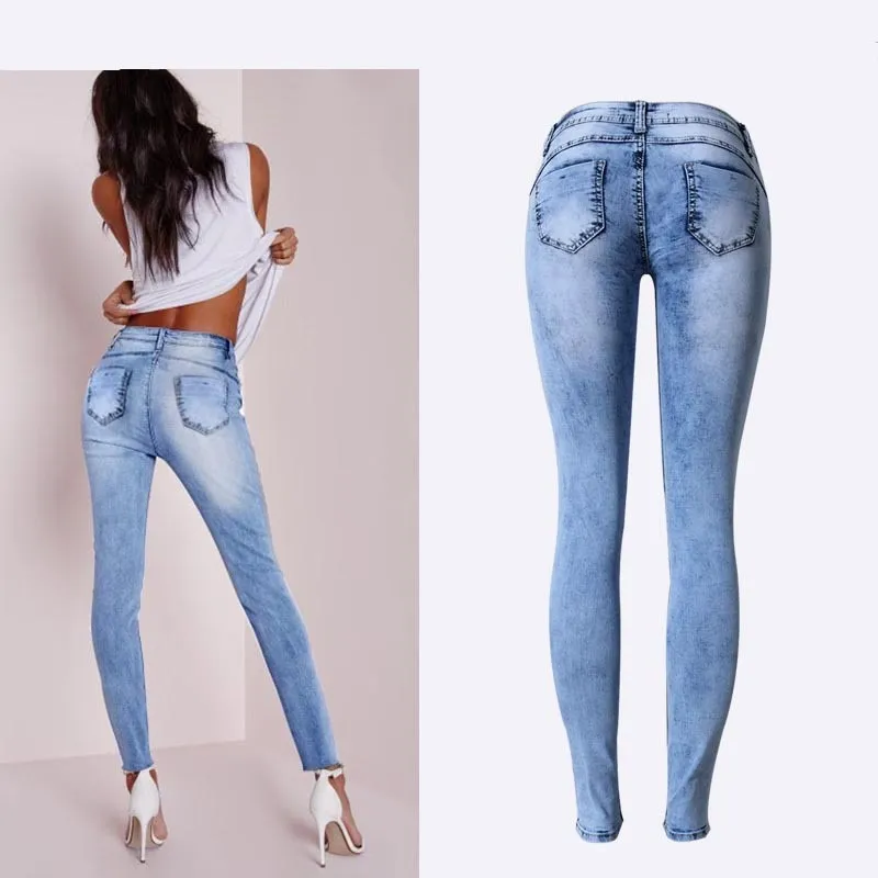 Summer Style Low Waist Sky Blue Patchwork Skinny Tights Jeans
