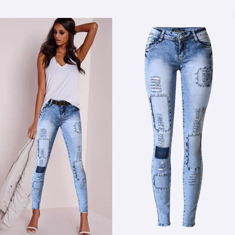 Summer Style Low Waist Sky Blue Patchwork Skinny Tights Jeans